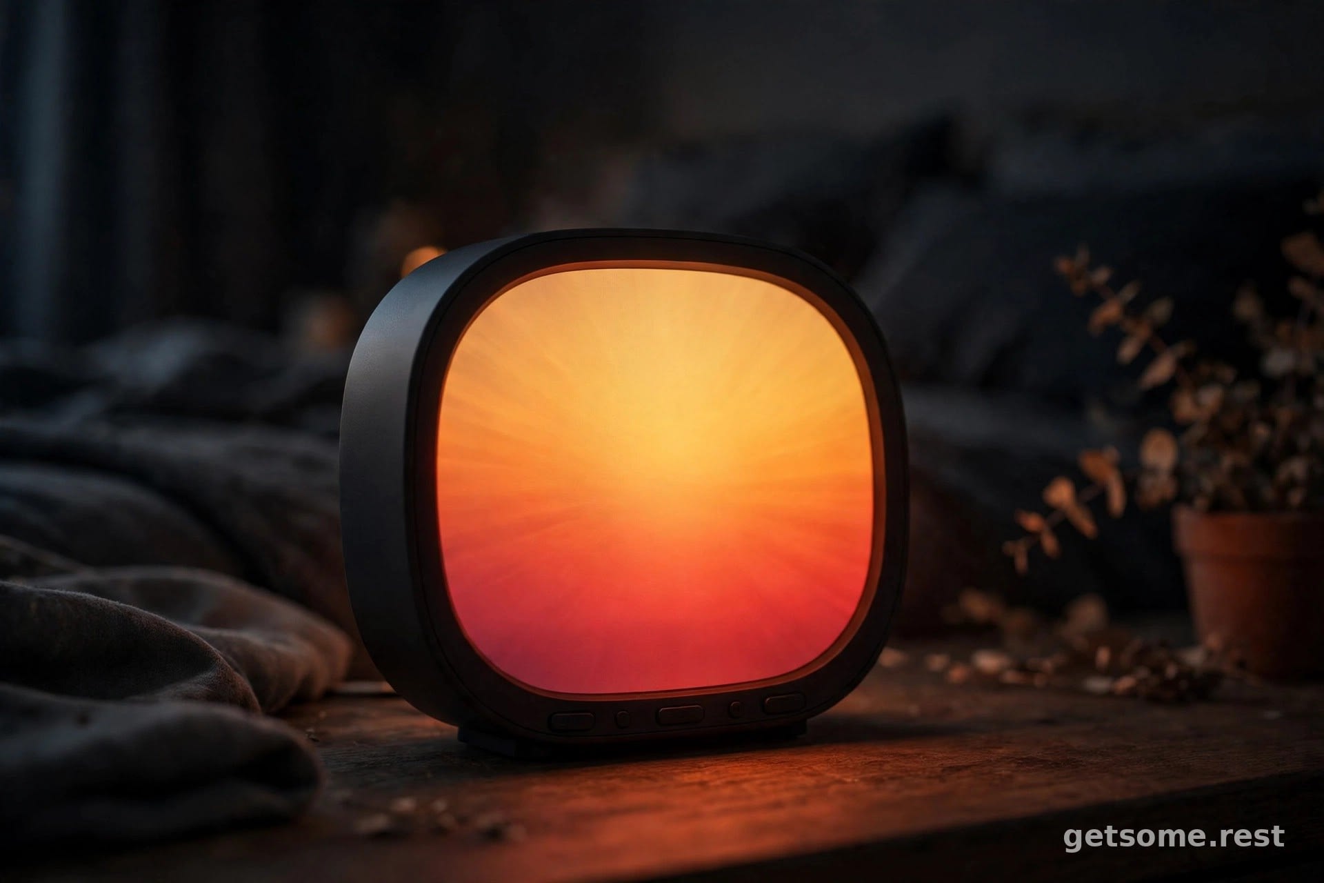 Close-up of a sunrise alarm clock radiating a gradient from deep red to warm yellow in a dark bedroom