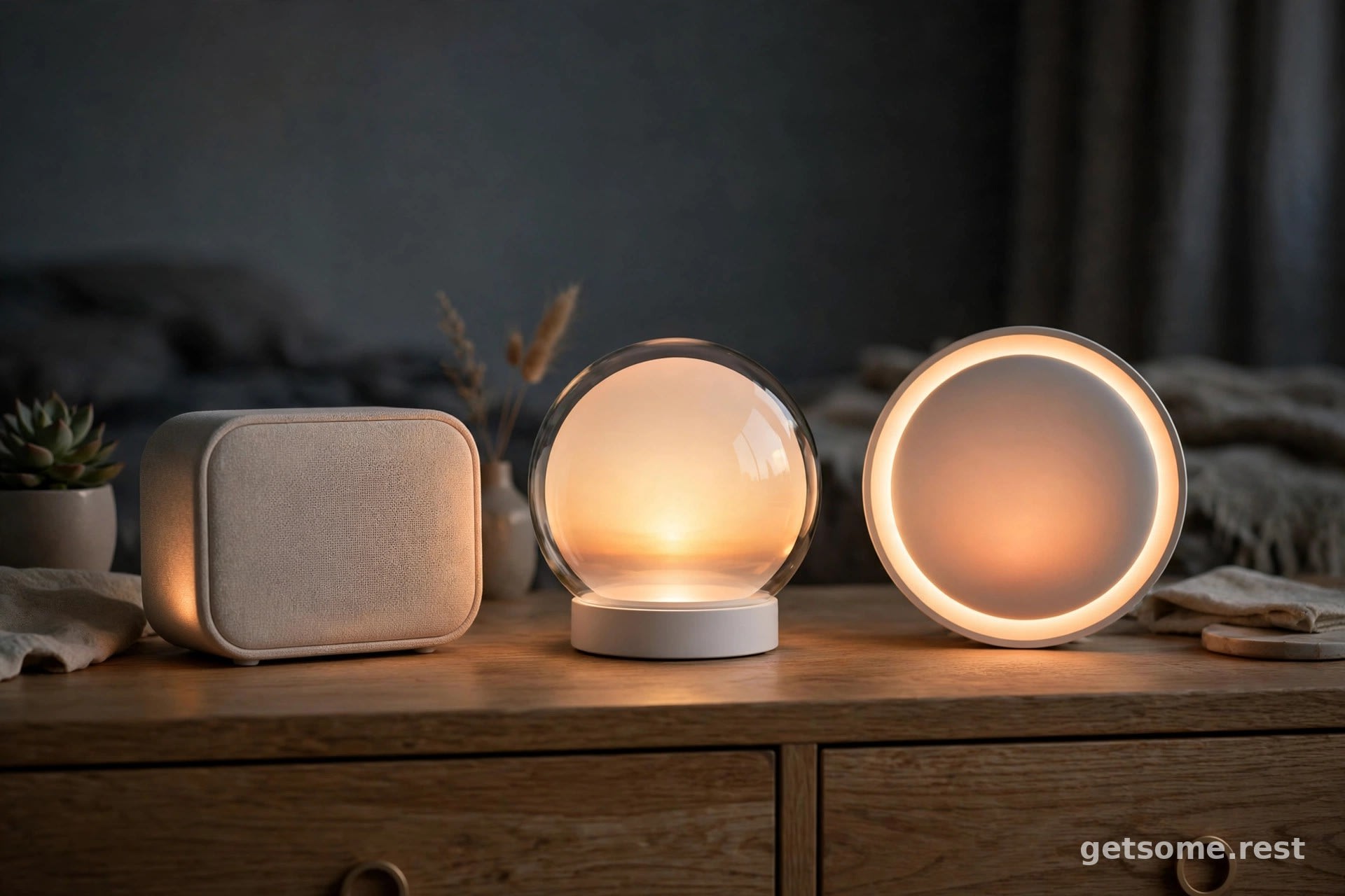 Three modern sunrise alarm clocks glowing softly on a dresser in a dim bedroom