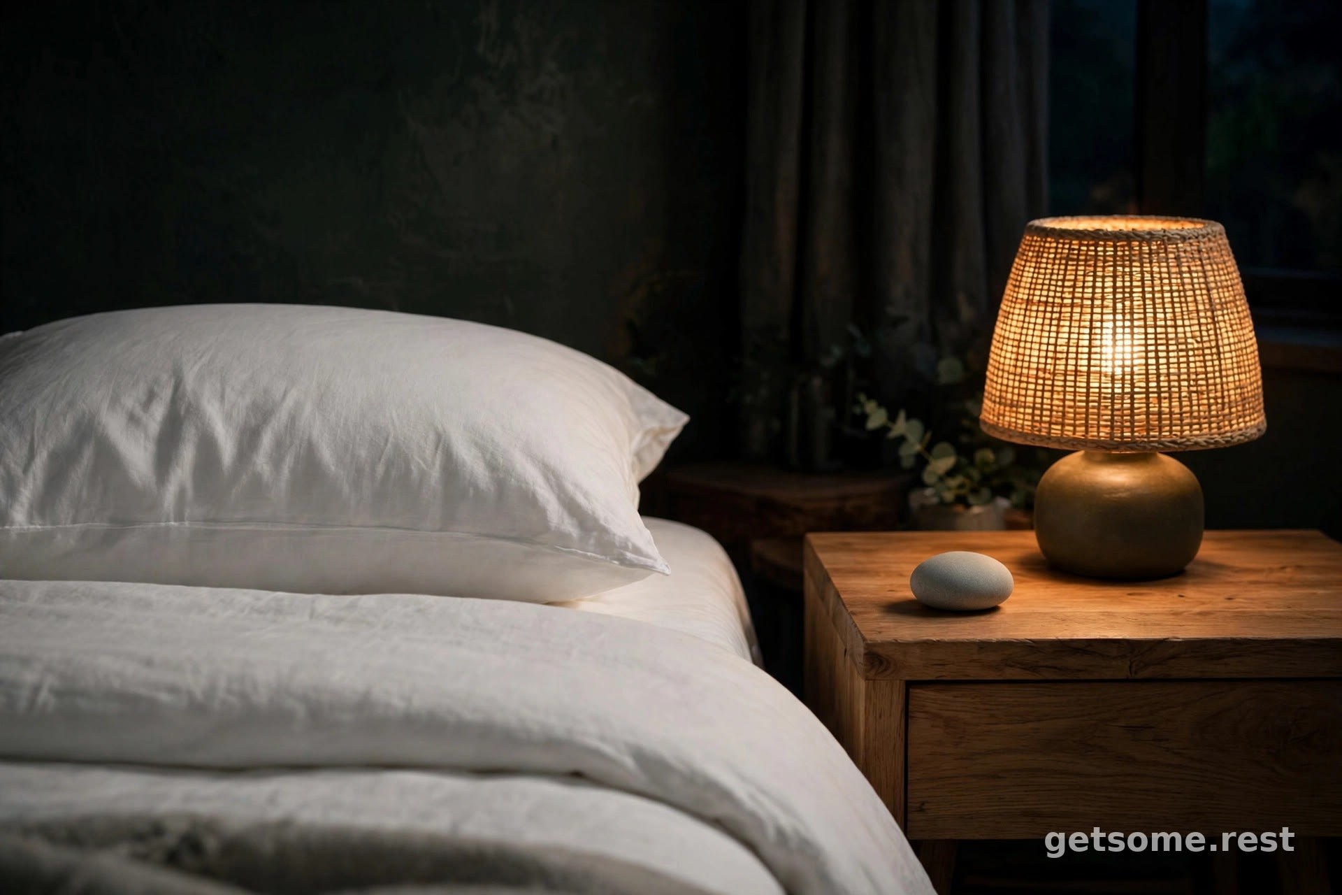 Smart Nora Gen 2 pebble sensor on a nightstand beside a bed at night