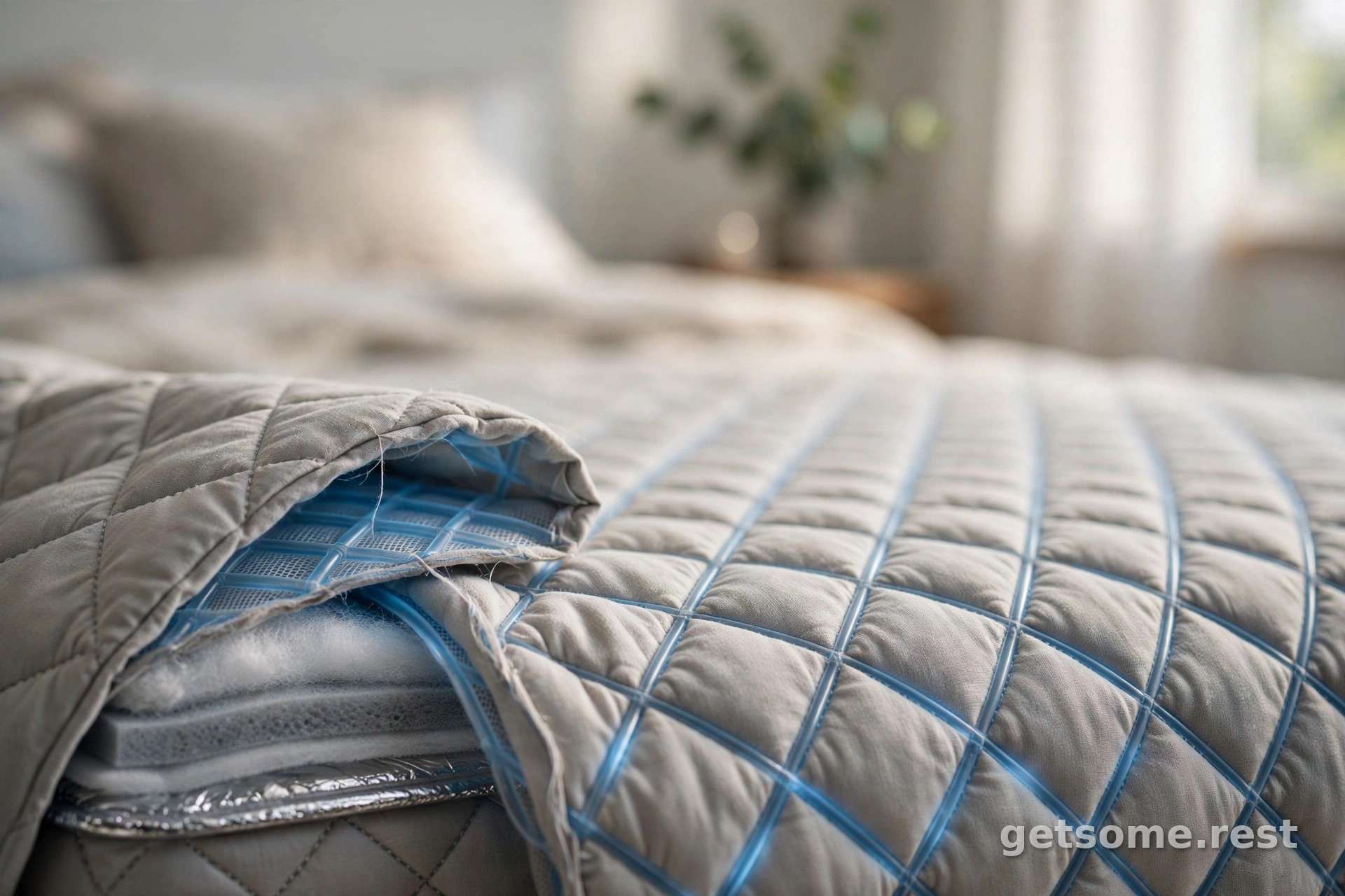 Close-up of the quilted Orion AI mattress pad surface showing the diamond-quilted pattern and layered construction
