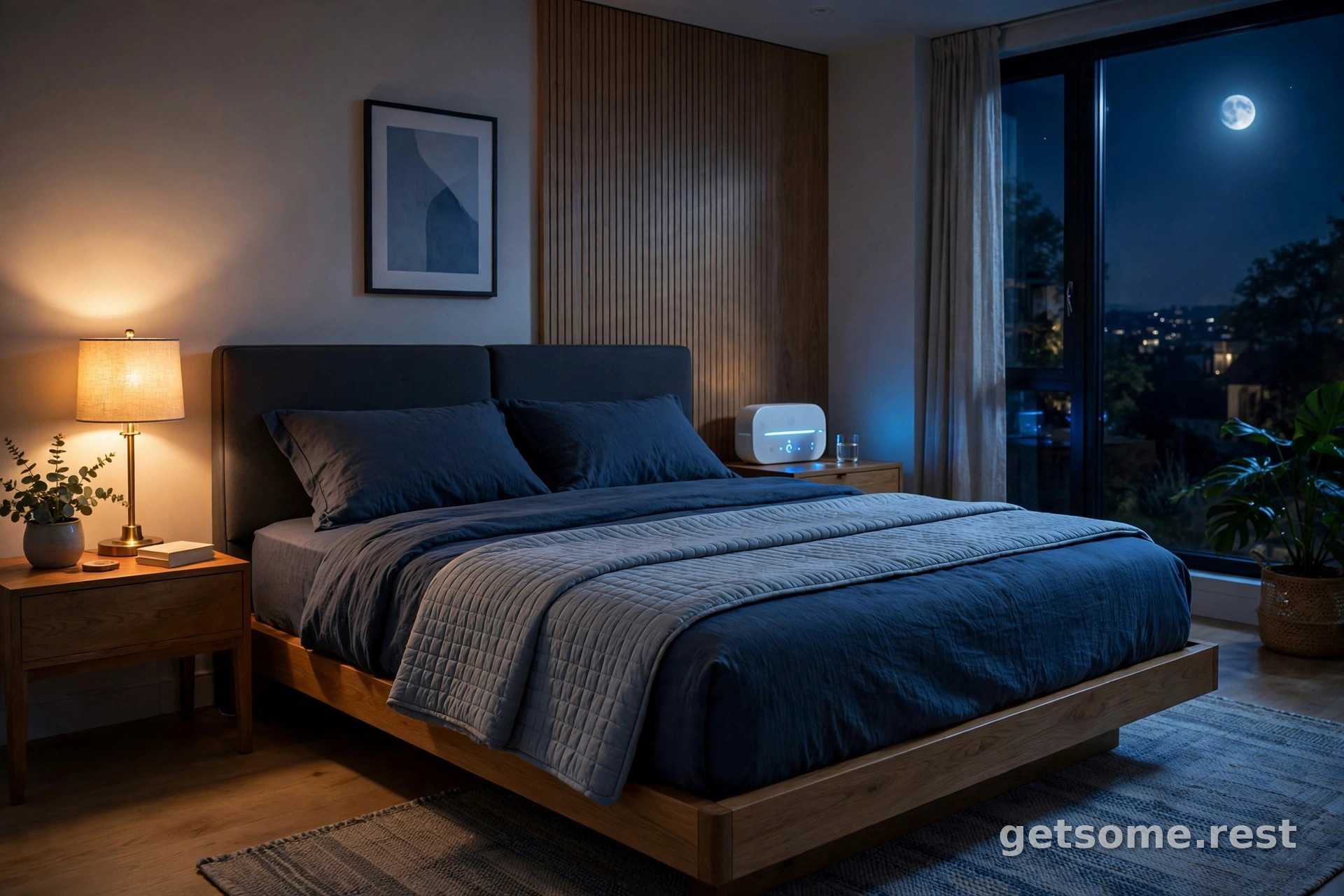 Orion AI mattress pad on a bed at night with its bedside control unit glowing cool blue