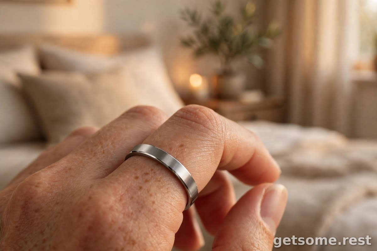 Close-up of a smart ring worn on a finger with a softly blurred bedroom in the background