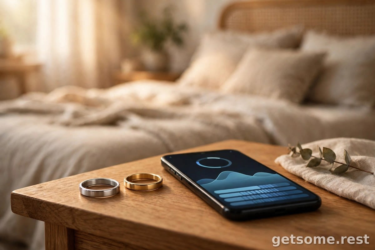 Two slim smart rings resting on a bedside table beside a smartphone displaying a sleep score in soft morning light