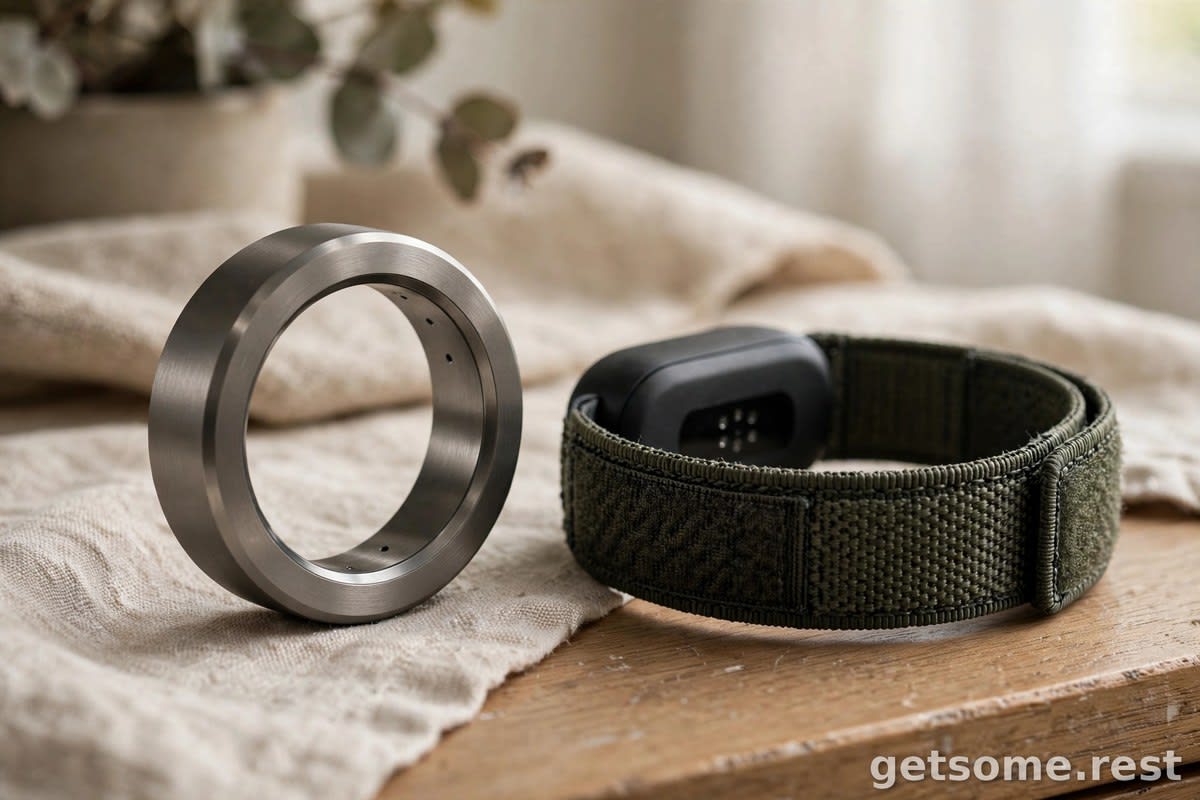 Close-up of a titanium smart ring next to a fabric wristband tracker on a bedside table