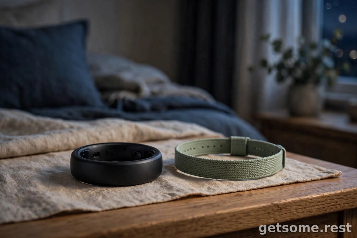 Smart ring and a slim wristband resting side by side on a nightstand in a softly lit bedroom at night