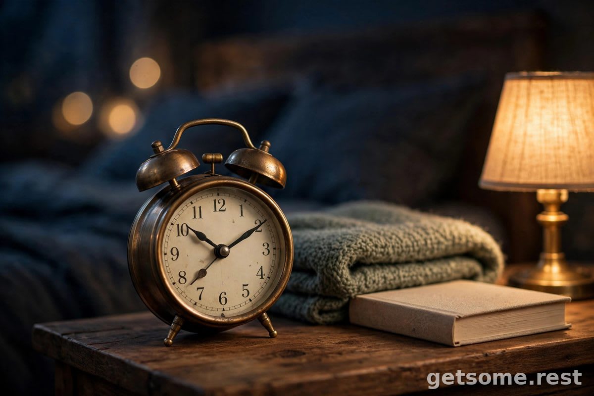 Analog alarm clock glowing softly on a nightstand in a peaceful phone-free bedroom at night