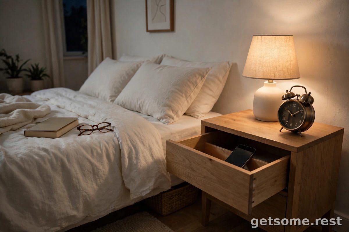 Smartphone tucked away in an open nightstand drawer beside an analog alarm clock in a calm phone-free bedroom at night