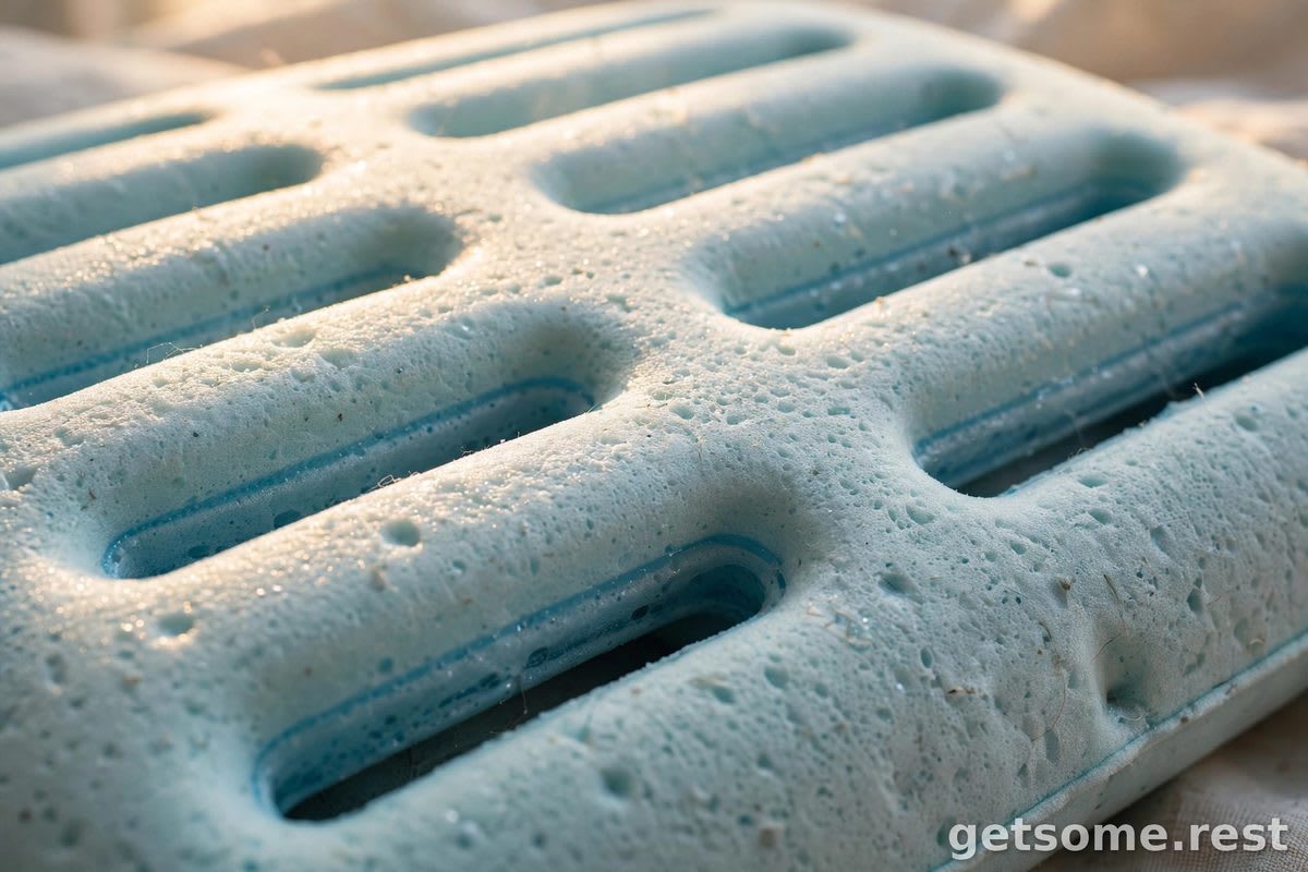 Close-up of a ventilated foam cooling pillow with airflow channels in morning light