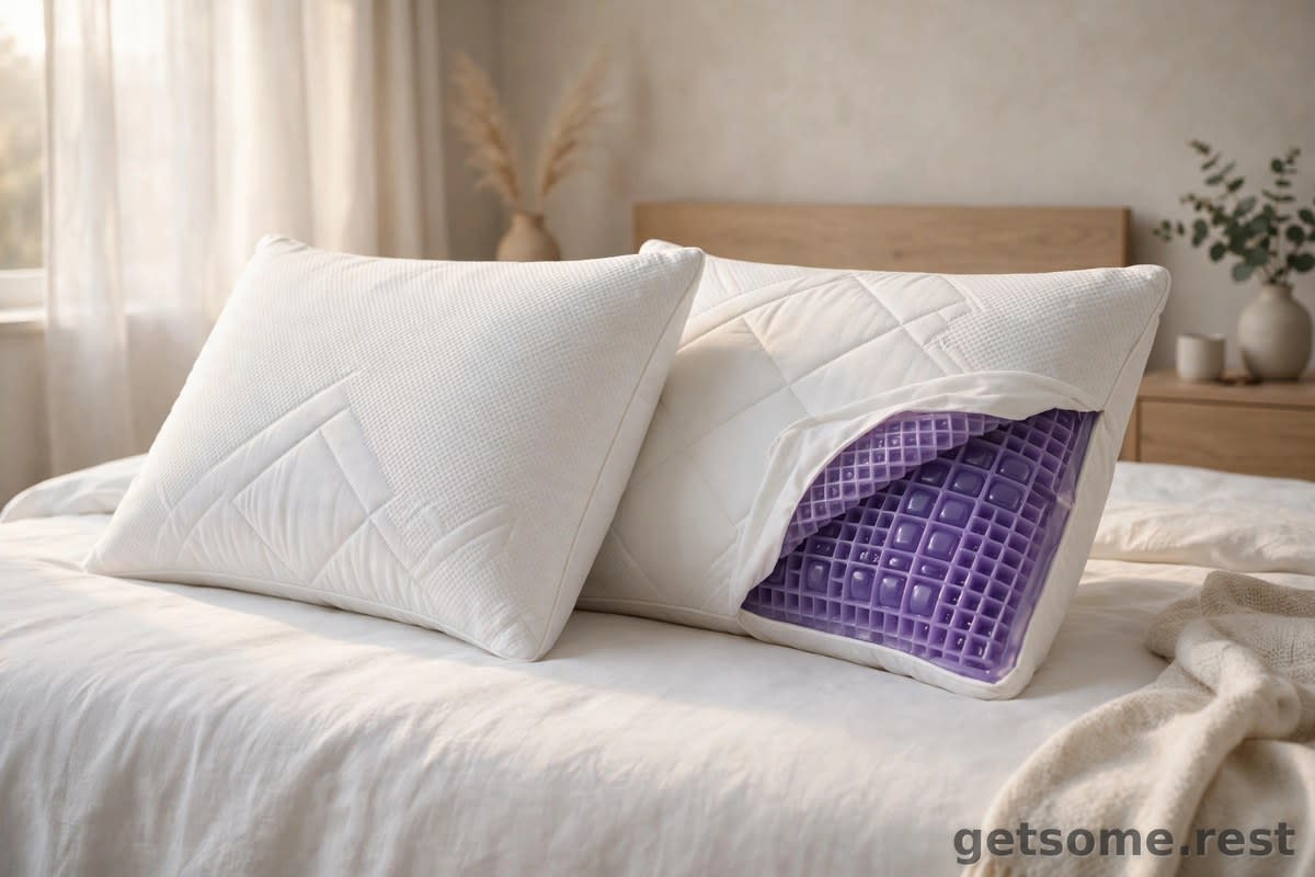 Two premium cooling pillows side by side on a white bed in soft morning light, one with a purple gel-grid layer visible