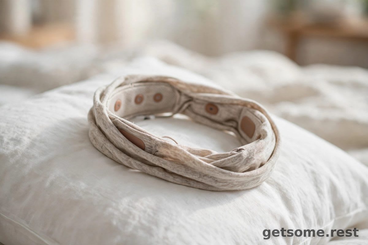 Close-up of a soft fabric smart sleep headband with discreet sensors on a bed pillow