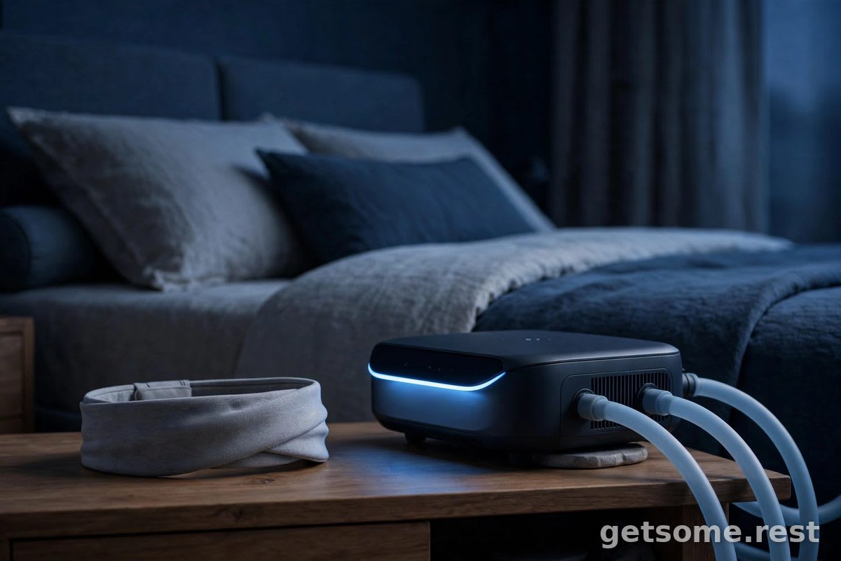 Award-winning sleep tech products: a fabric sleep headband and a smart mattress cooling unit on a nightstand at night