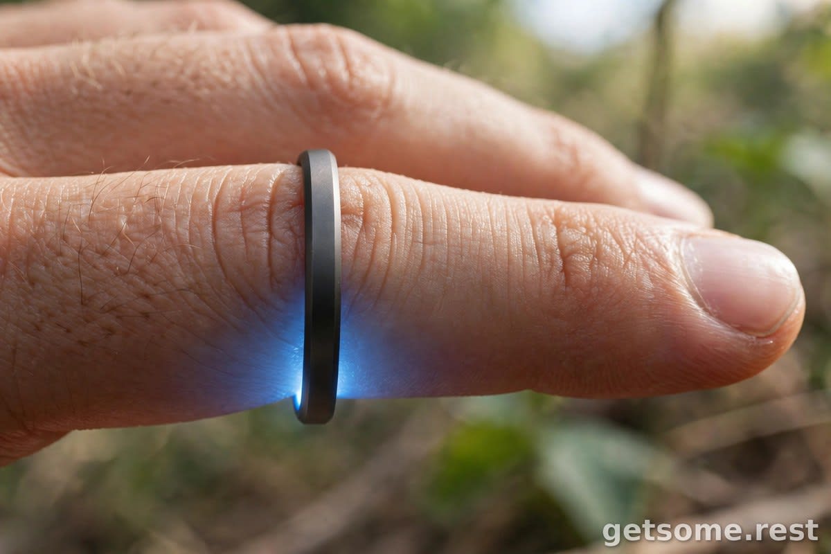 Close-up of a slim smart ring on a finger with a soft blue sensor glow underneath