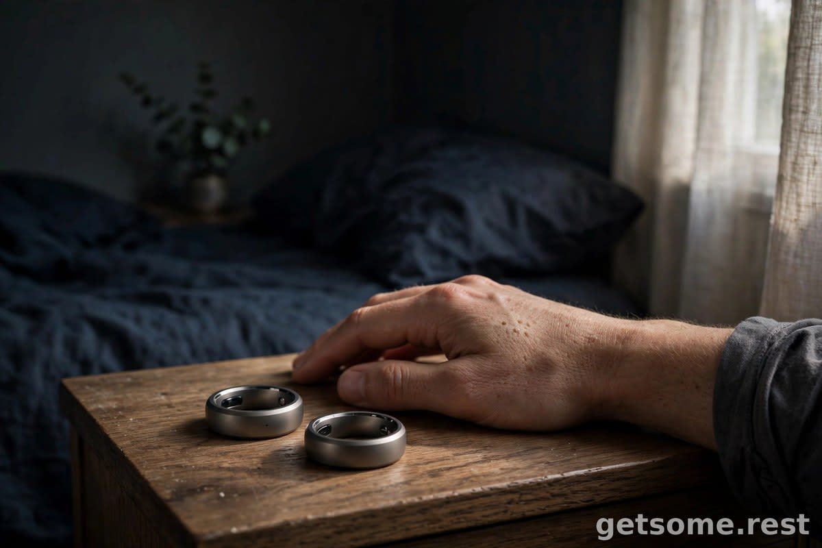 Two titanium smart rings on a nightstand beside a sleeping hand in a dark bedroom