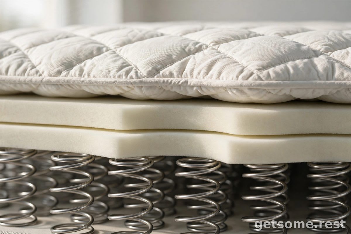 Close-up of tall steel coil springs layered under foam and quilted pillow-top fabric of a luxury innerspring mattress