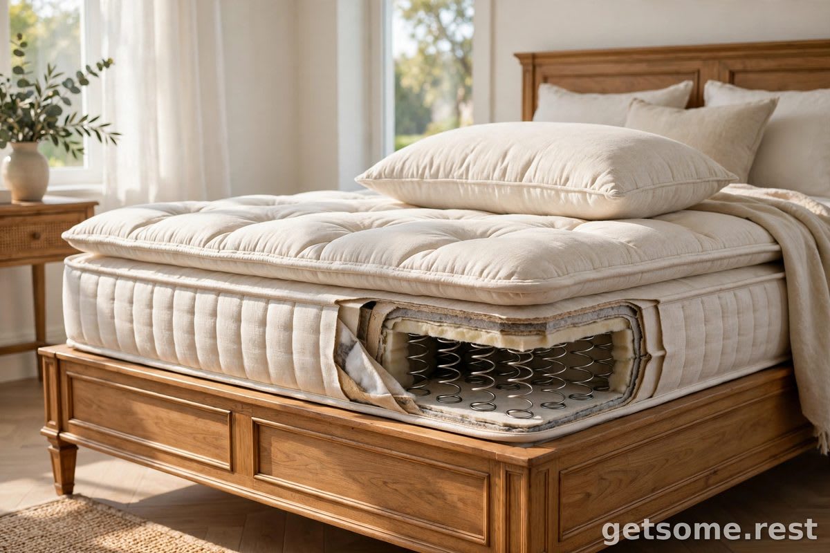 Luxury innerspring mattress with pillow top on an elegant wooden bed frame in a bright upscale bedroom with morning light
