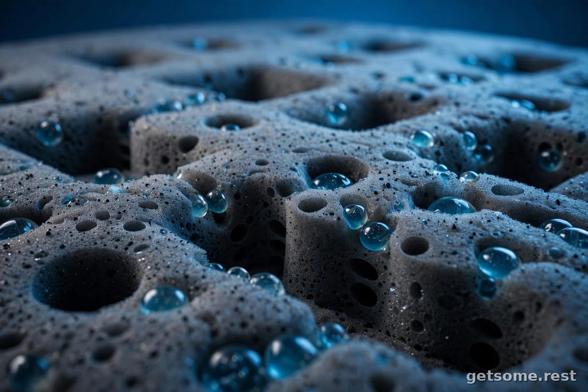Macro close-up of graphite-infused memory foam with cooling gel beads