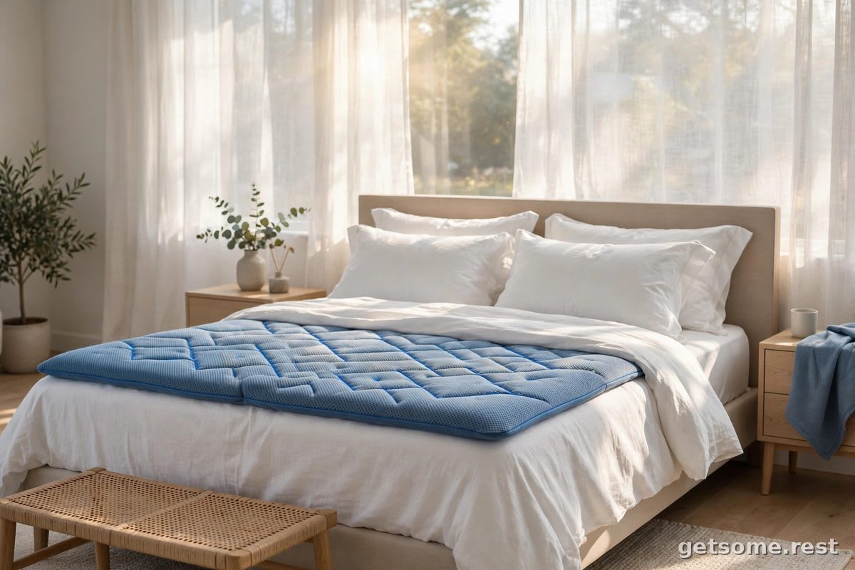 Cooling mattress topper in cool blue tones on a bed in morning light