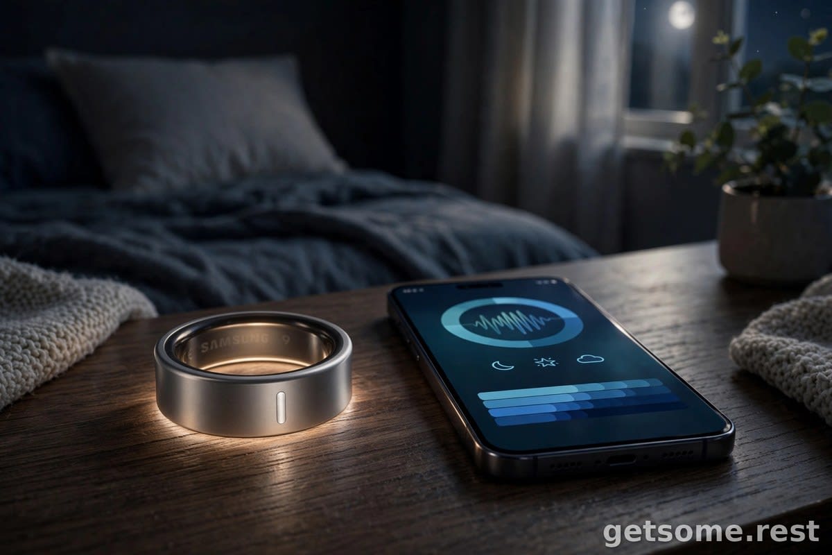 Samsung Galaxy Ring on a nightstand glowing softly beside a phone showing a sleep dashboard in a dark bedroom