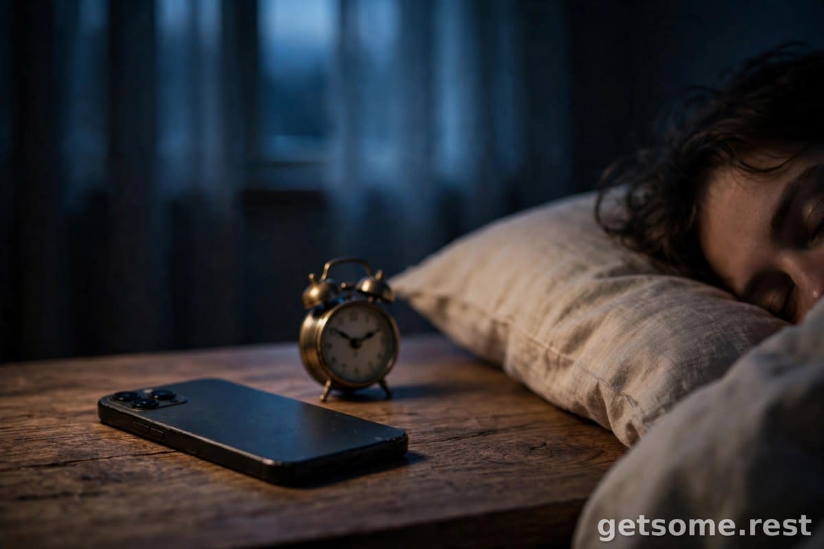 Smartphone placed face-down on a nightstand next to a pillow in a dark bedroom