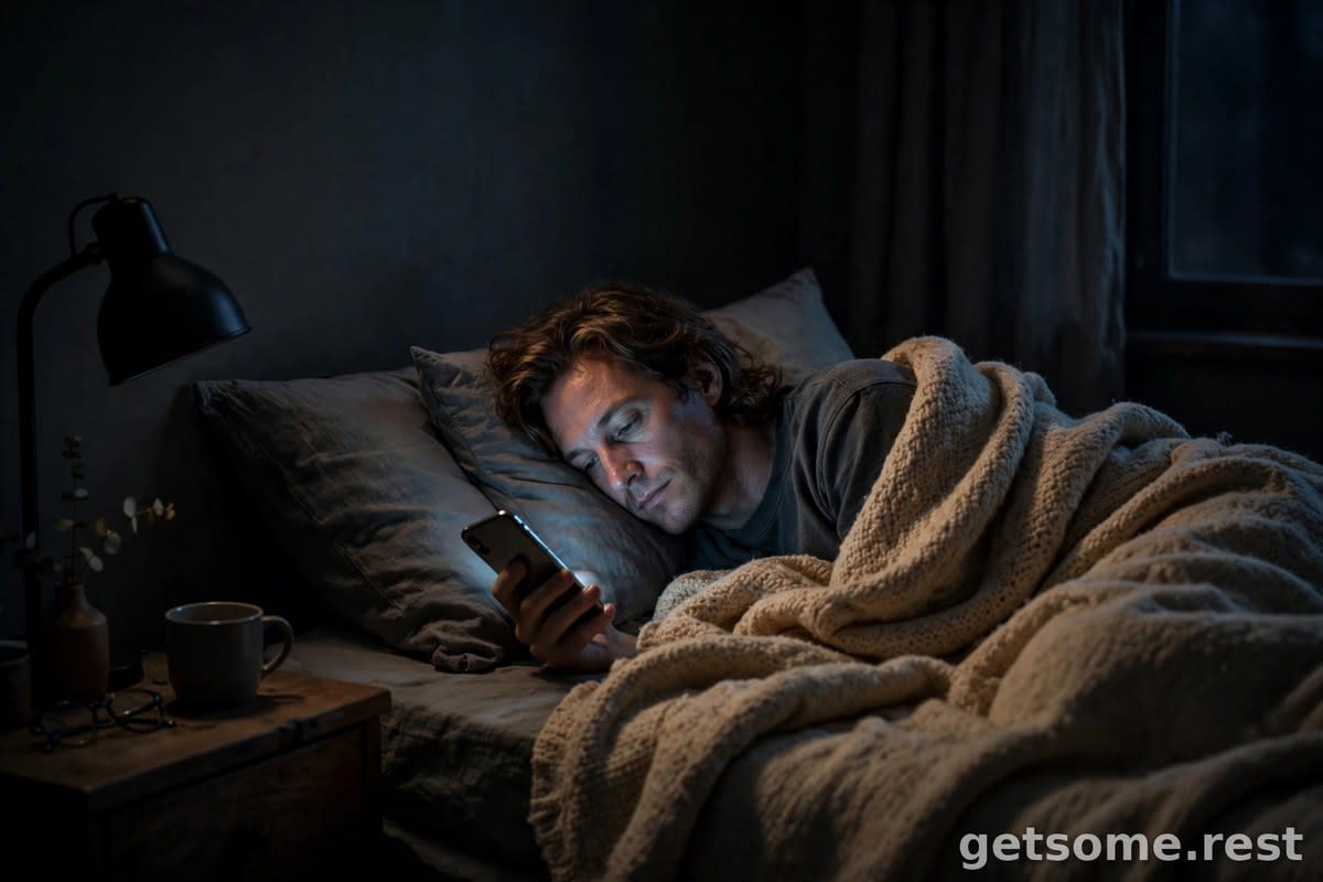 Person in bed at night holding a glowing smartphone in a dark bedroom