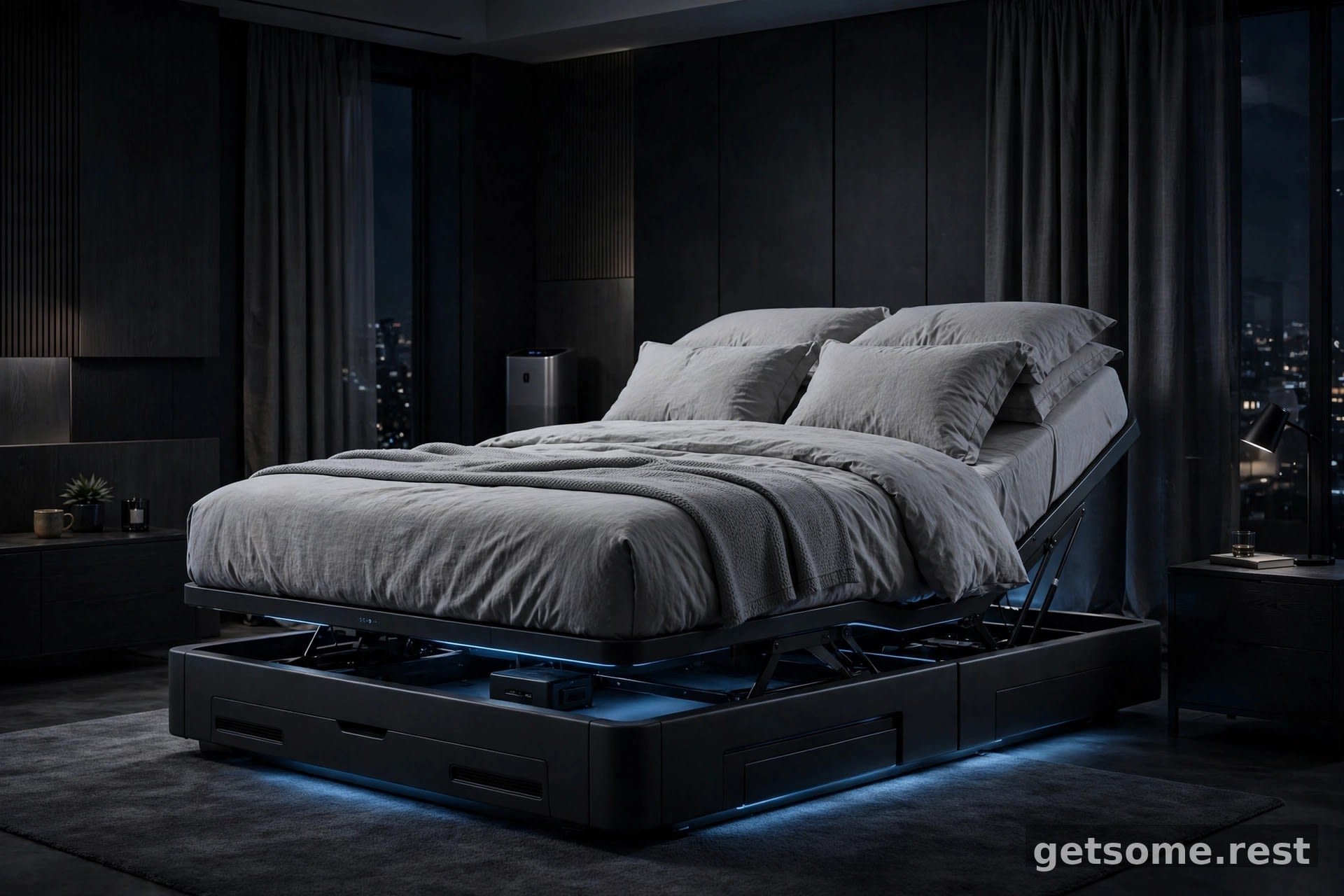 Sleep Number Climate360 smart bed with raised head section in a dark luxury bedroom