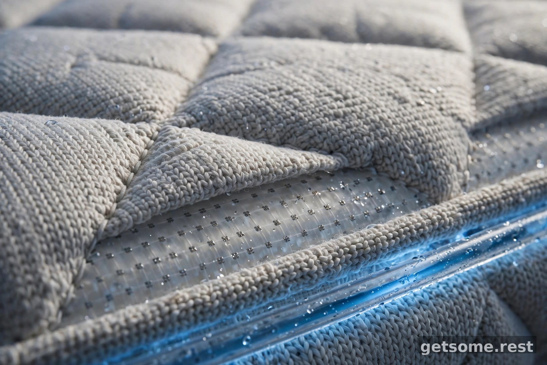 Close-up of a smart mattress surface with sensor nodes and a water-cooling channel under premium knit fabric
