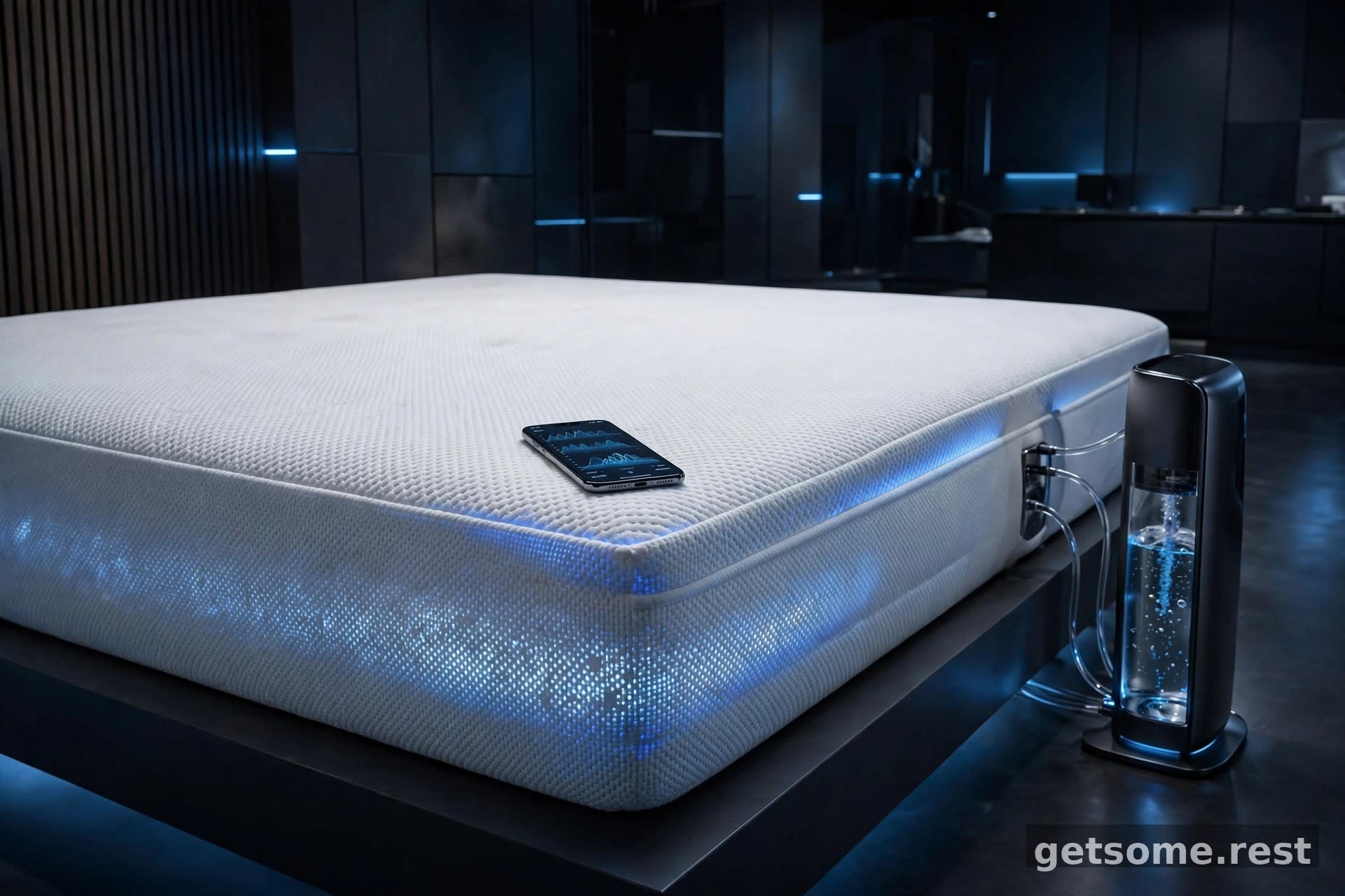 A luxury smart mattress with a subtle blue sensor glow beside a smartphone showing sleep graphs