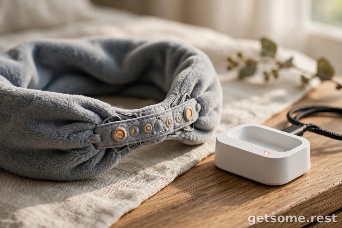 Close-up of a soft sleep headband's sensor band on a bedside table next to a charging dock