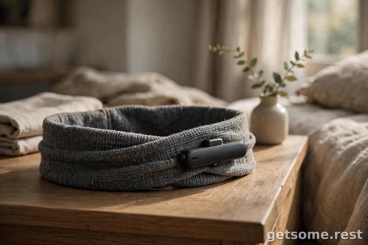 Sleek fabric sleep headband with a slim sensor pod resting on a nightstand in a dim bedroom, no text or logos visible