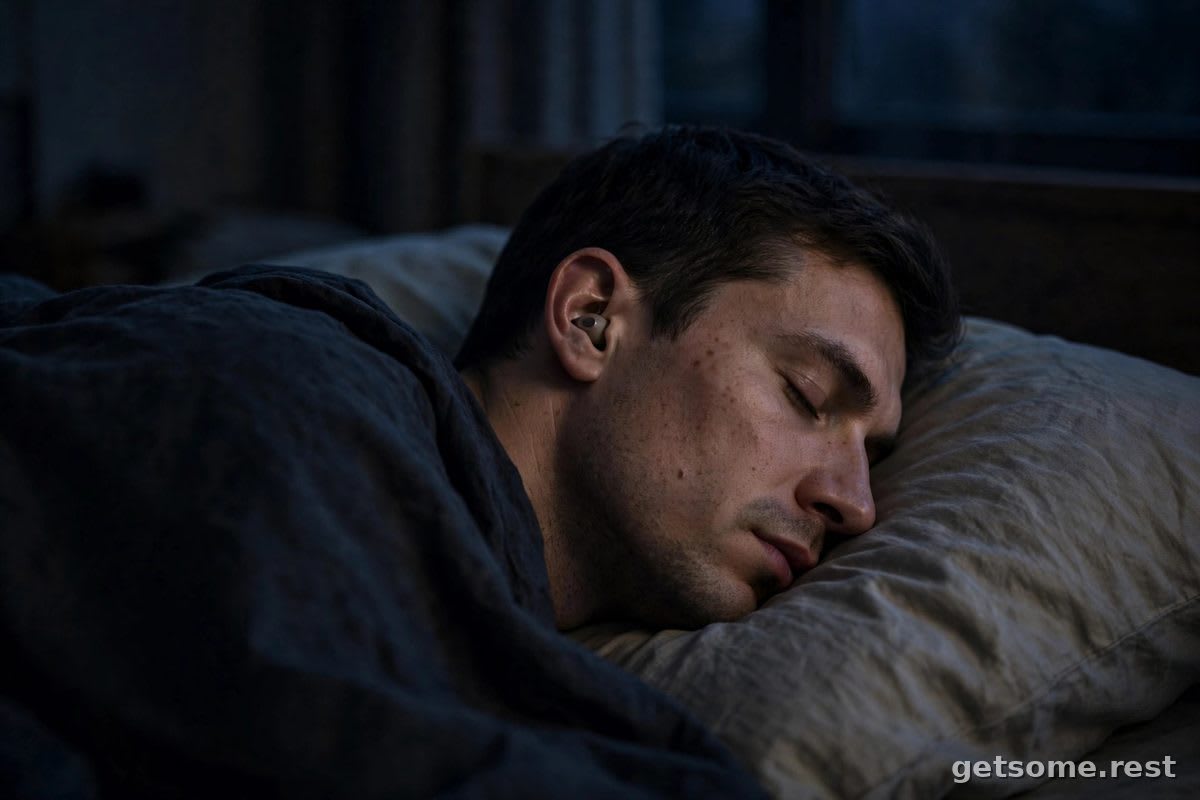Side sleeper wearing discreet sleep earbuds in a dark bedroom