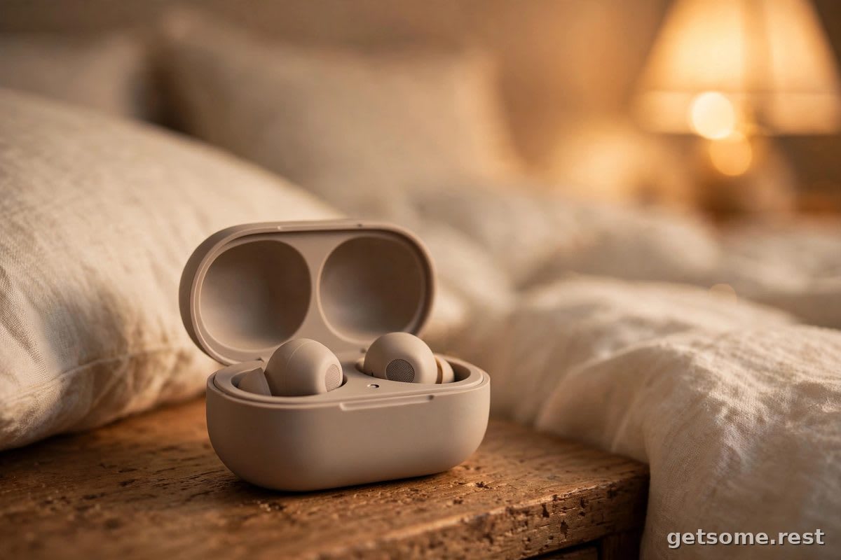 Tiny sleep earbuds in an open charging case on a nightstand