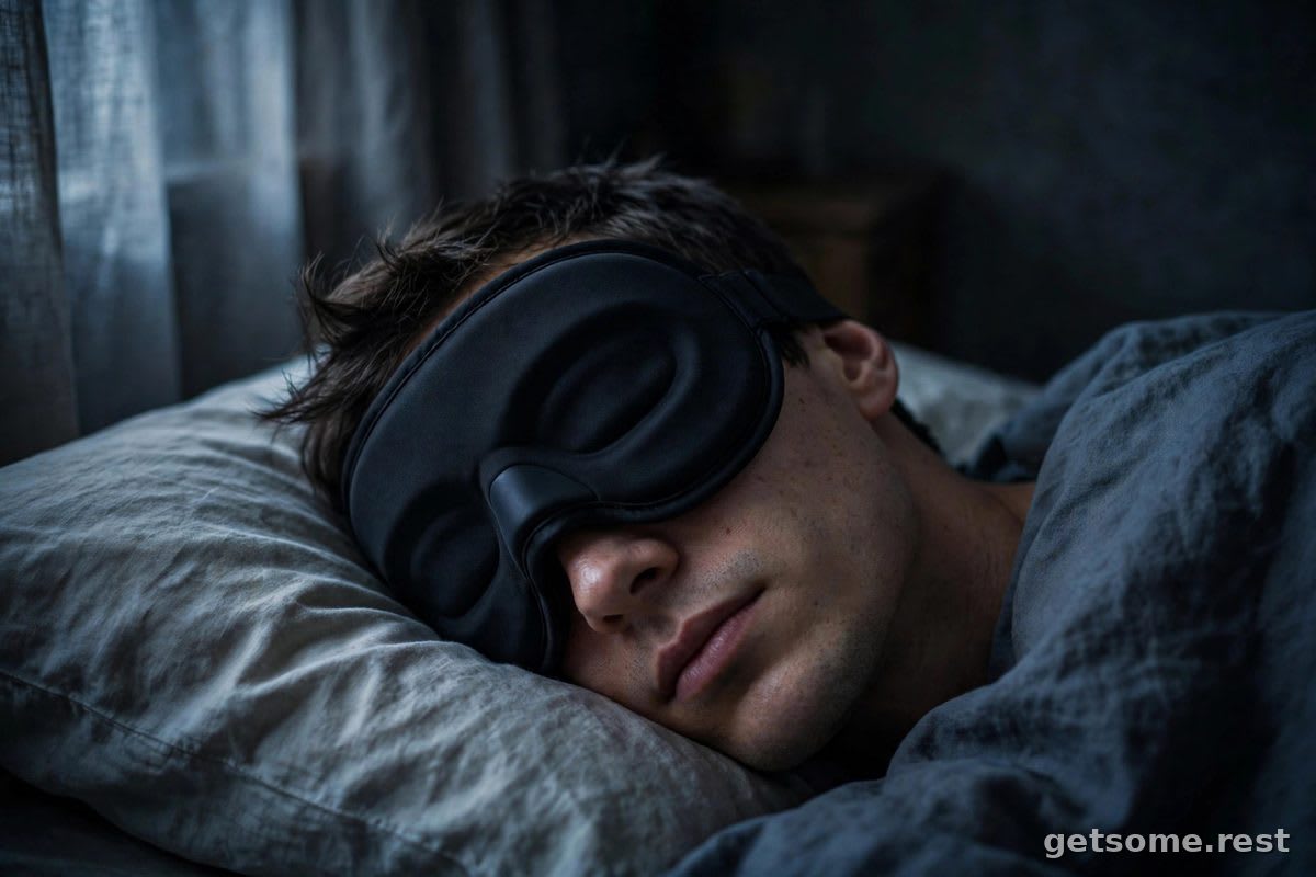 Person wearing a contoured blackout sleep mask in a dark bedroom