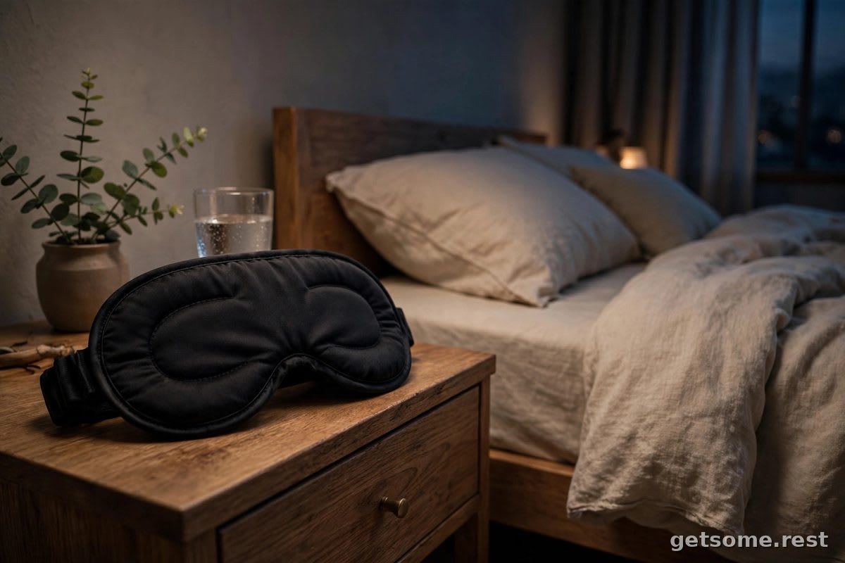Premium blackout sleep mask on a nightstand in a dim bedroom