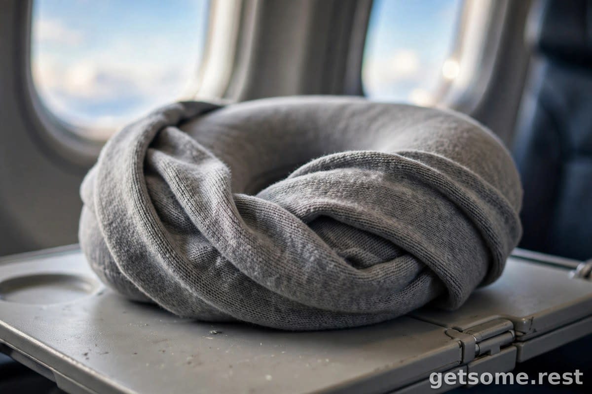 Close-up of a soft grey scarf-style travel neck pillow on an airplane seat tray table in cabin daylight