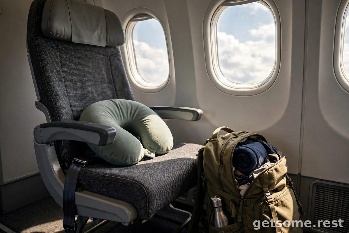 Travel neck pillow resting on an airplane seat by the window with cabin daylight and a packed backpack nearby