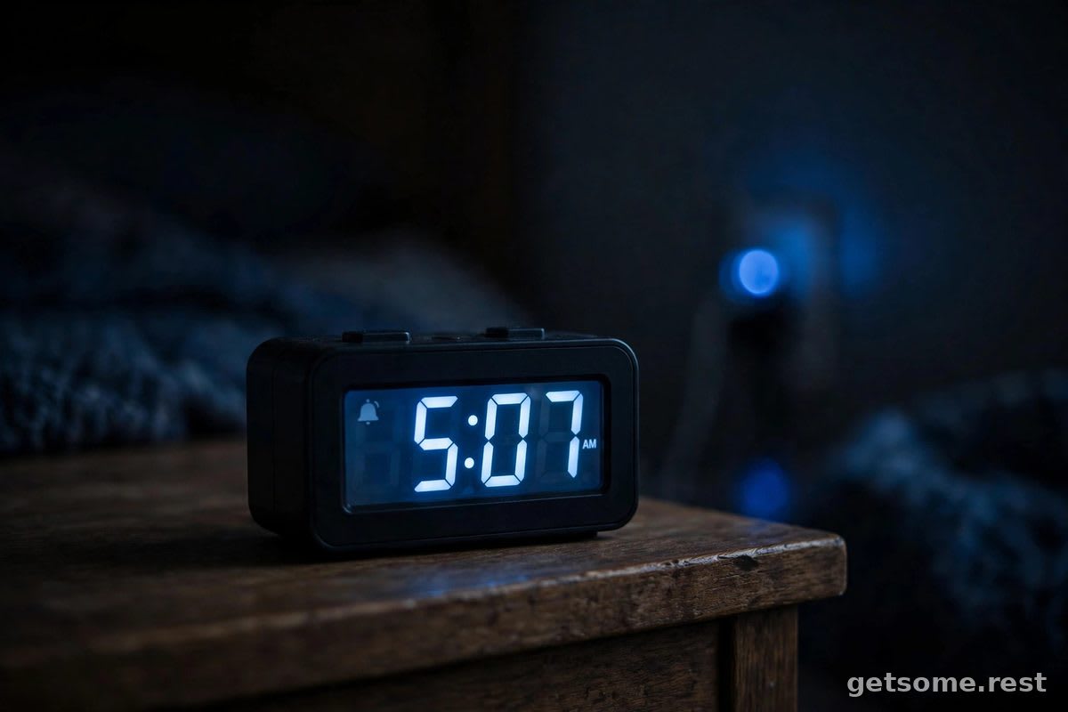 Digital alarm clock glowing on a nightstand in a dark bedroom