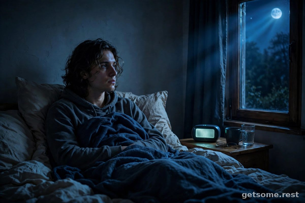 Person awake in bed at night with moonlight through the window