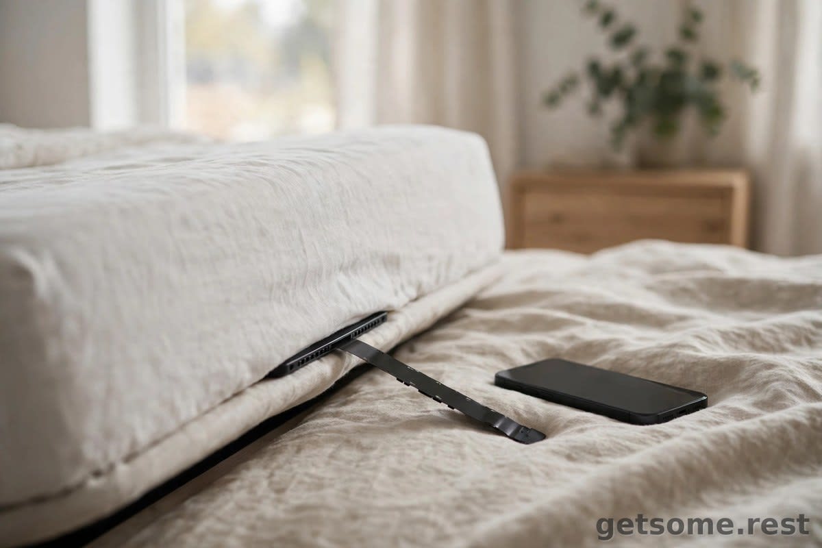 Slim sensor strip slipping under a mattress edge beside a smartphone in a modern bedroom with soft daylight