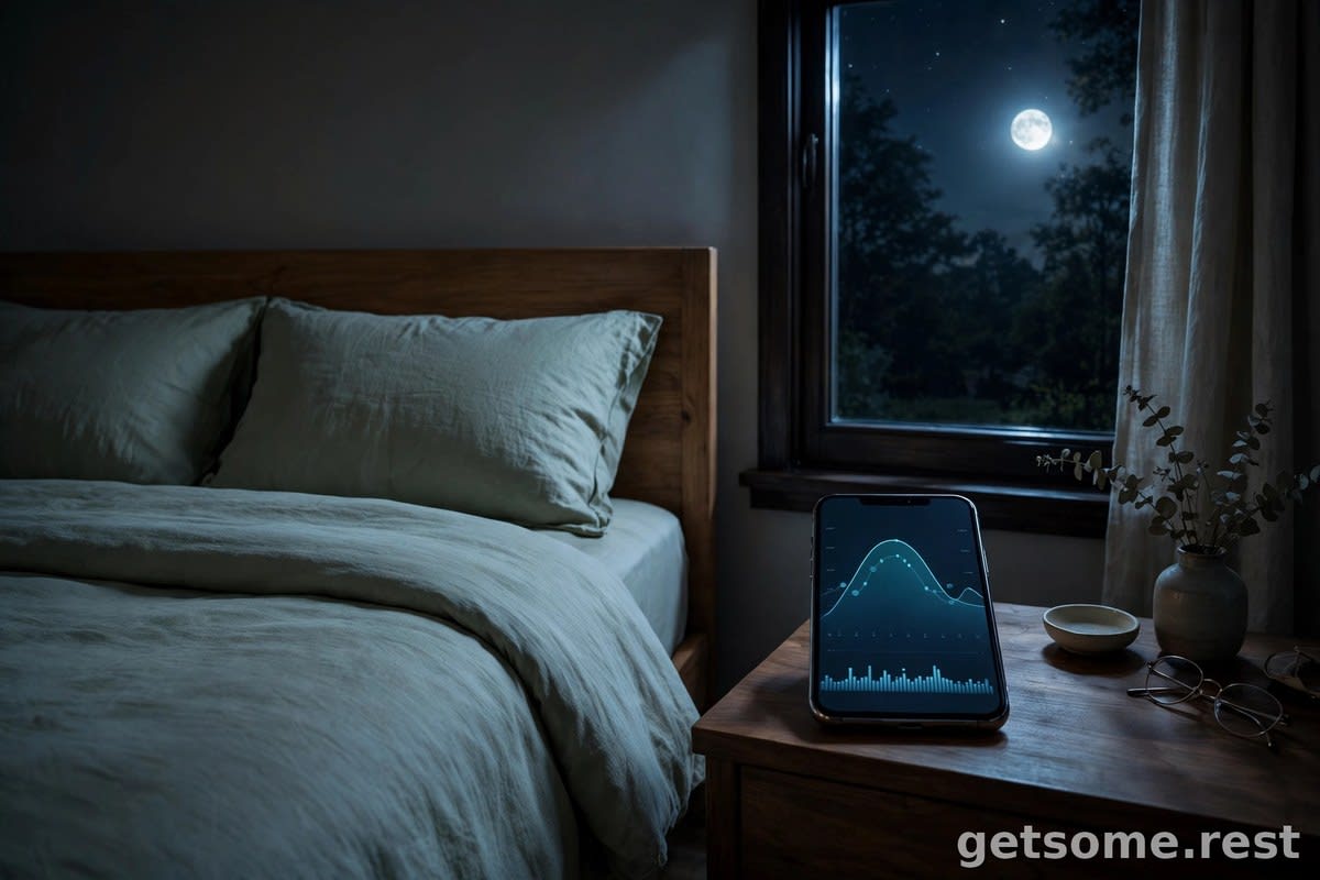 Peaceful dark bedroom at night with a neatly made bed and a smartphone showing a sleep tracking chart on the nightstand
