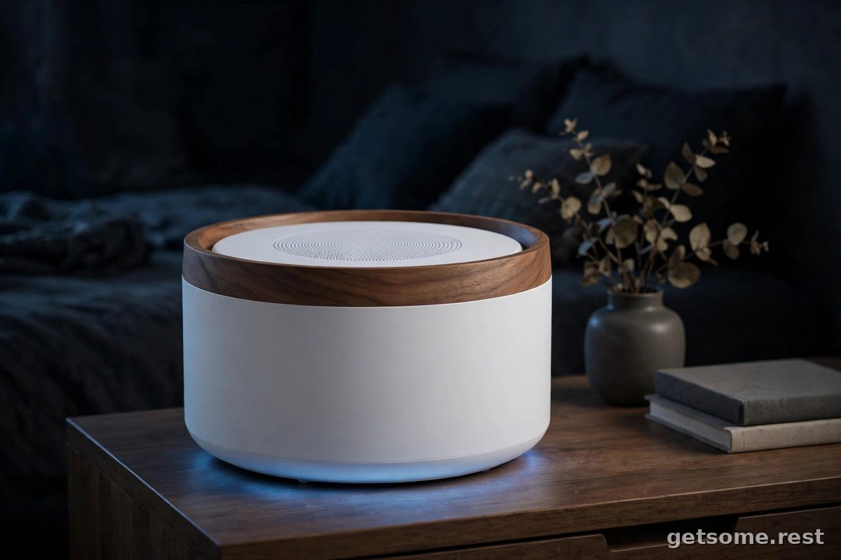 White noise machine with wood-tone accent on a nightstand at night
