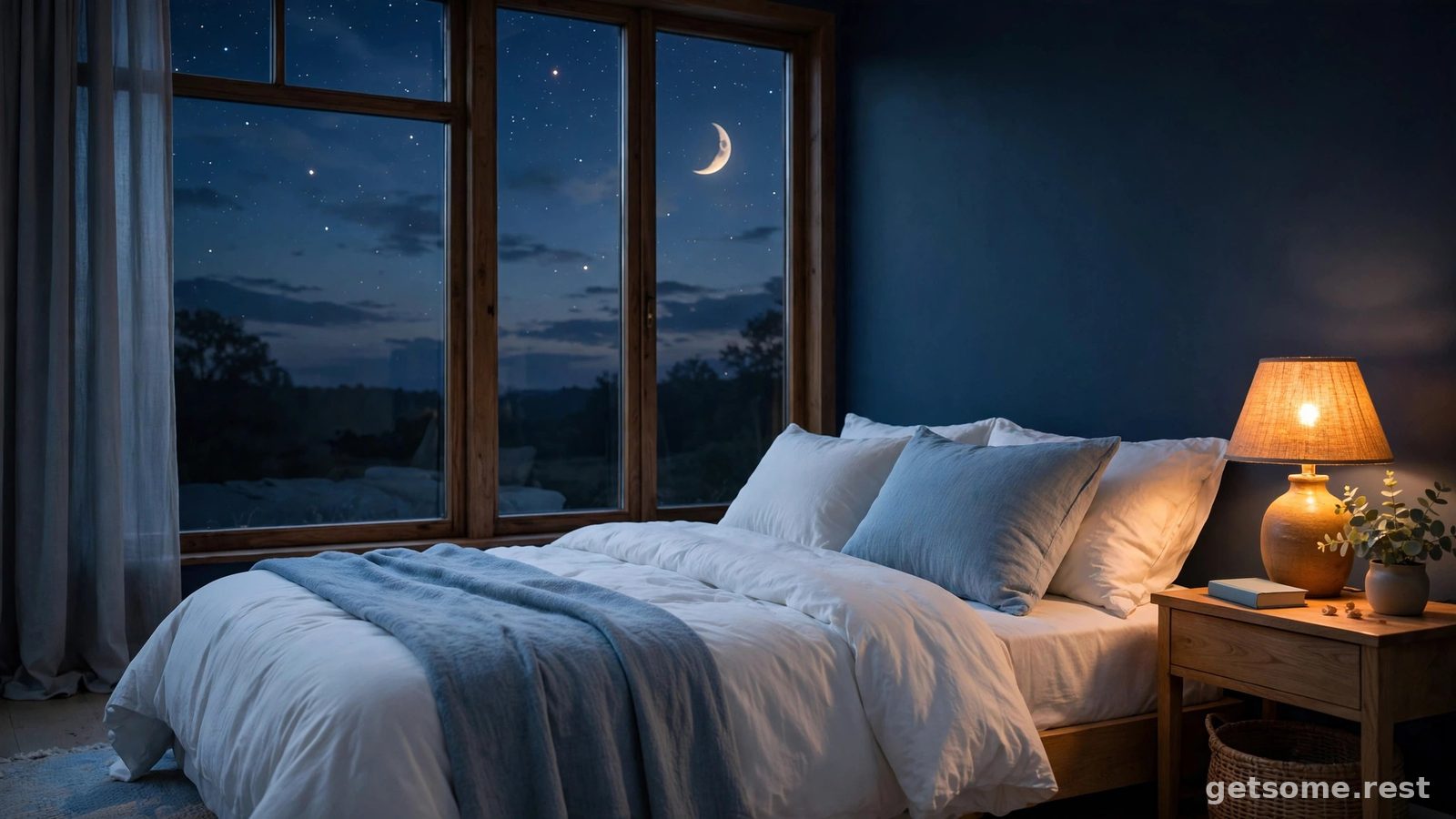 Calm bedroom at dusk with a neatly made bed, warm bedside lamp and crescent moon in the window