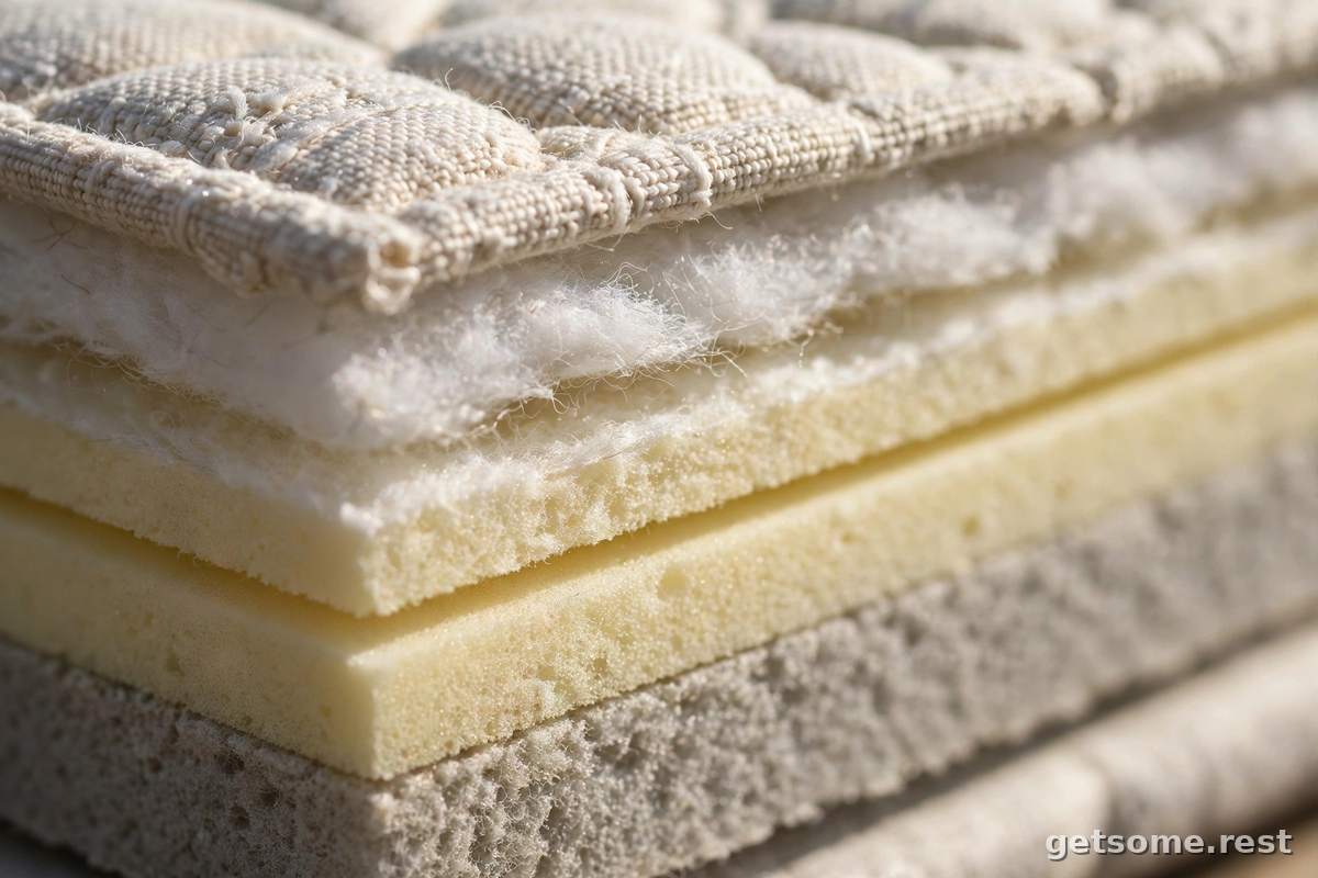 Close-up of mattress fabric and layered foam edge