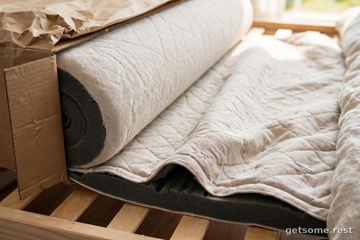 Memory foam mattress unrolling from a box on bed frame
