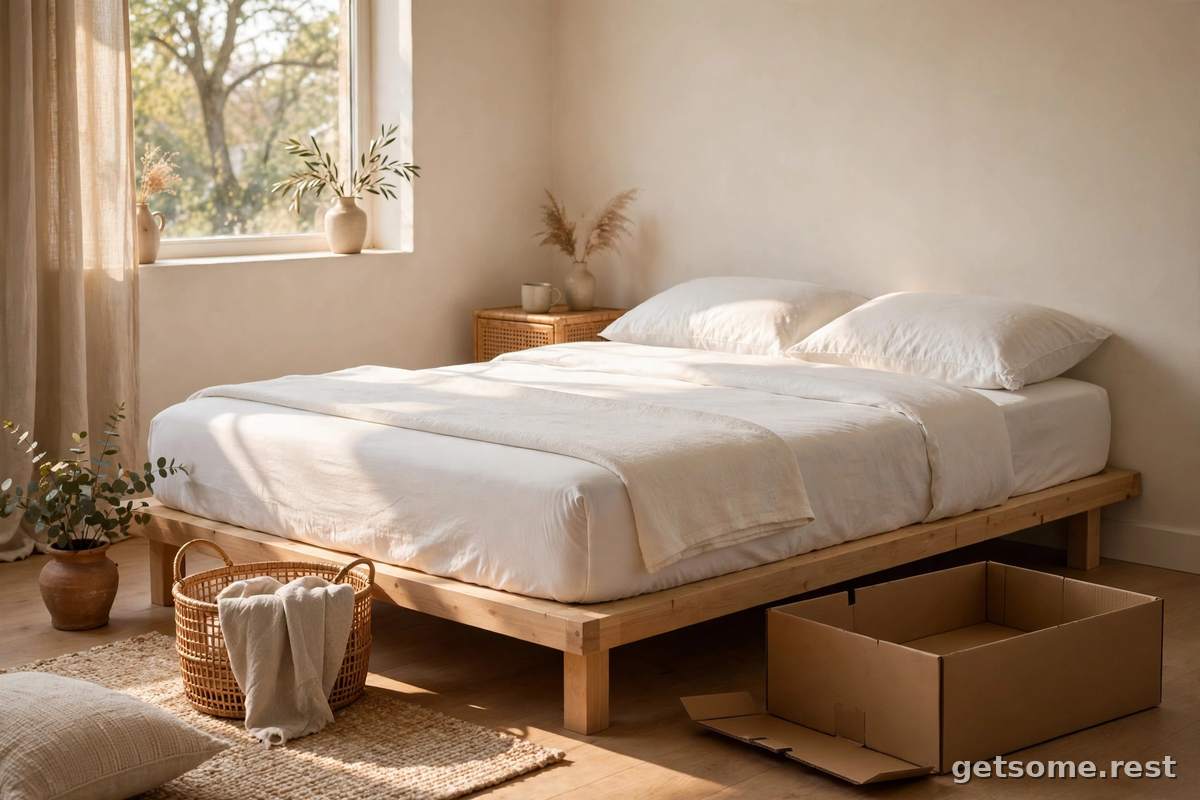 Budget bed-in-a-box mattress in a simple sunny bedroom