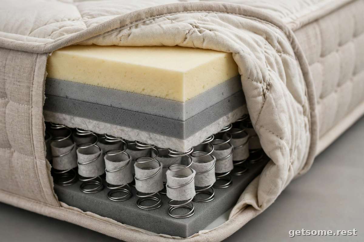 Cutaway view of mattress showing foam layers and coils