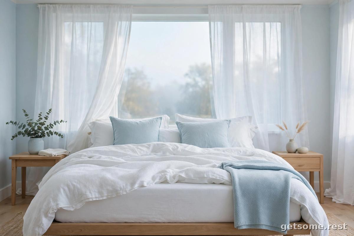 Bright airy bedroom with crisp white bedding for cool sleep