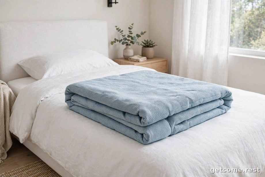Queen bed with a cooling mattress topper and white bedding under soft blue moonlight