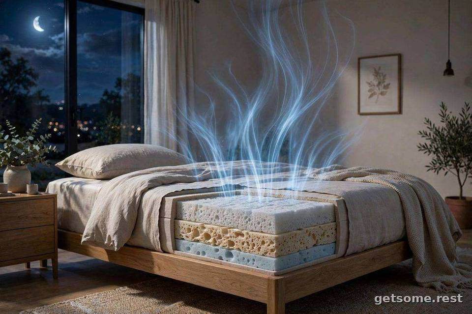 Bedroom mattress cross-section showing breathable latex and foam layers with cool airflow