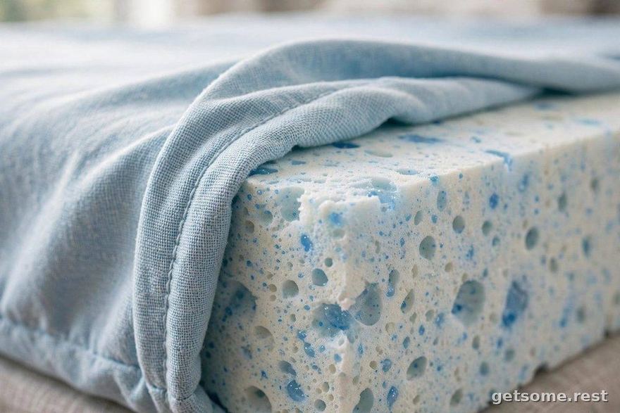 Close-up of ventilated gel-infused memory foam topper fabric in soft daylight