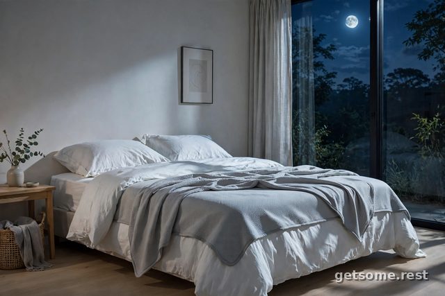 Folded light-blue cooling mattress topper on a white bed in a bright bedroom